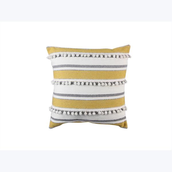 Handwoven Cotton Pillow with Gold Poms