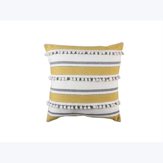 Handwoven Cotton Pillow with Gold Poms