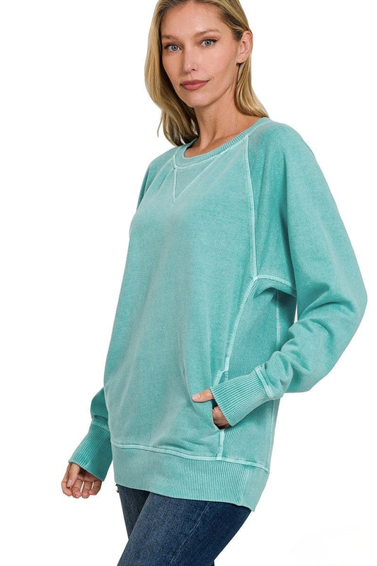 Zenana Pigment Dyed French Terry Pullover with Pockets - Turquoise - Medium
