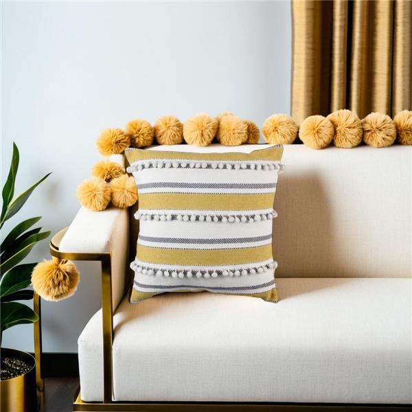 Handwoven Cotton Pillow with Gold Poms