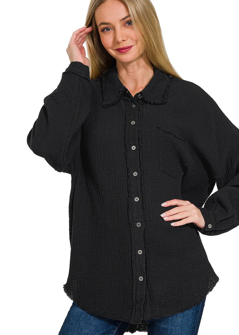 Double Gauze Oversized Raw Edge Button-Up Shirt - Black X-Large