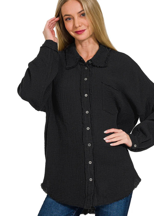 Double Gauze Oversized Raw Edge Button-Up Shirt - Black Large