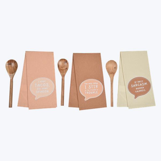 Embroidered Tea Towel with Wood Spoon Set – 3 Assorted