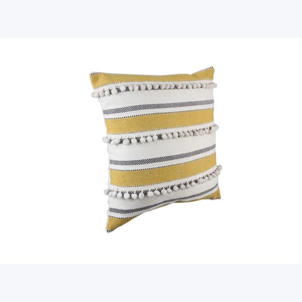 Handwoven Cotton Pillow with Gold Poms