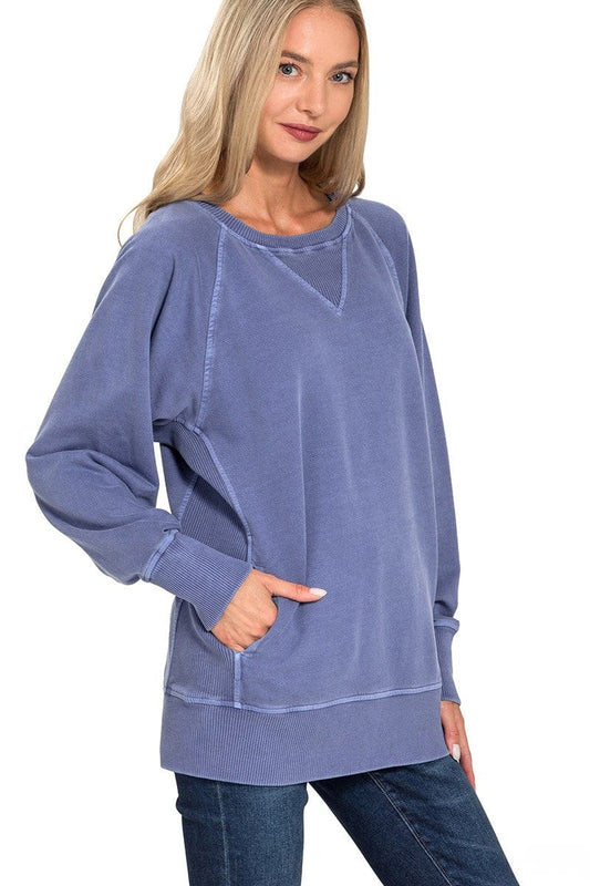 Zenana Pigment Dyed French Terry Pullover with Pockets - Light Navy - Small