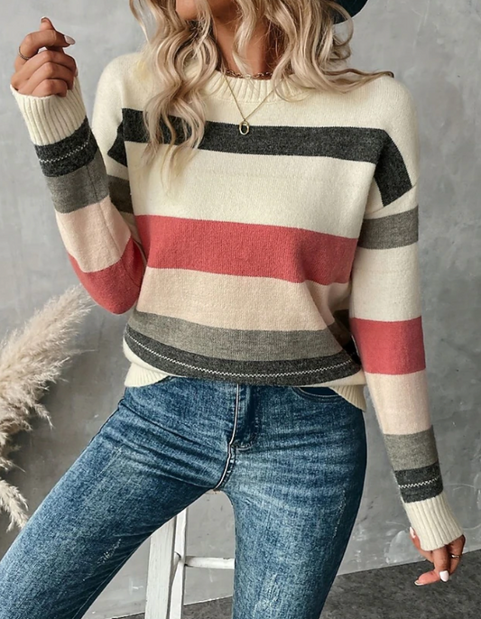 Soft Striped Ribbed Knit Crew Neck Sweater - X-Large
