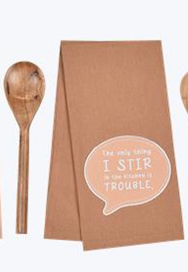 Embroidered Tea Towel with Wood Spoon Set – 3 Assorted