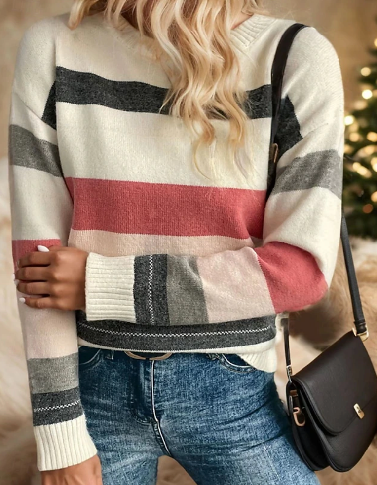 Soft Striped Ribbed Knit Crew Neck Sweater - Medium