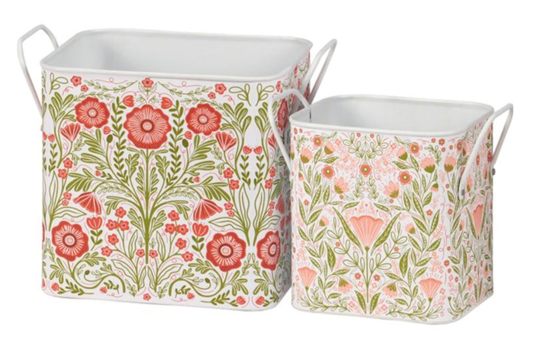 Botanical Folk Art Metal Storage Bin Small 7.25" x 6.25" x 4.75"