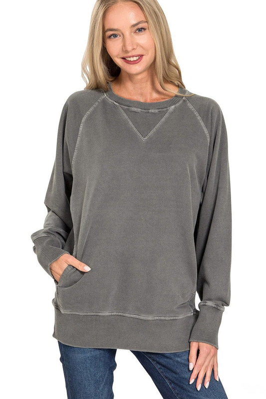 Zenana Pigment Dyed French Terry Pullover with Pockets - Black - Medium