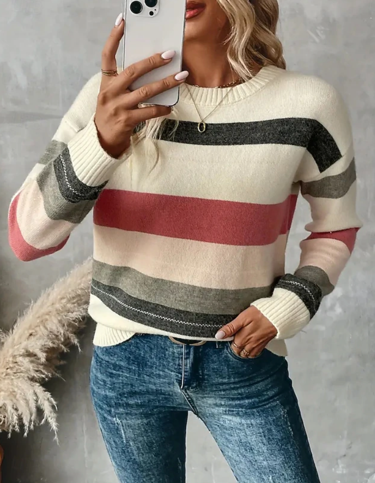 Soft Striped Ribbed Knit Crew Neck Sweater - Medium