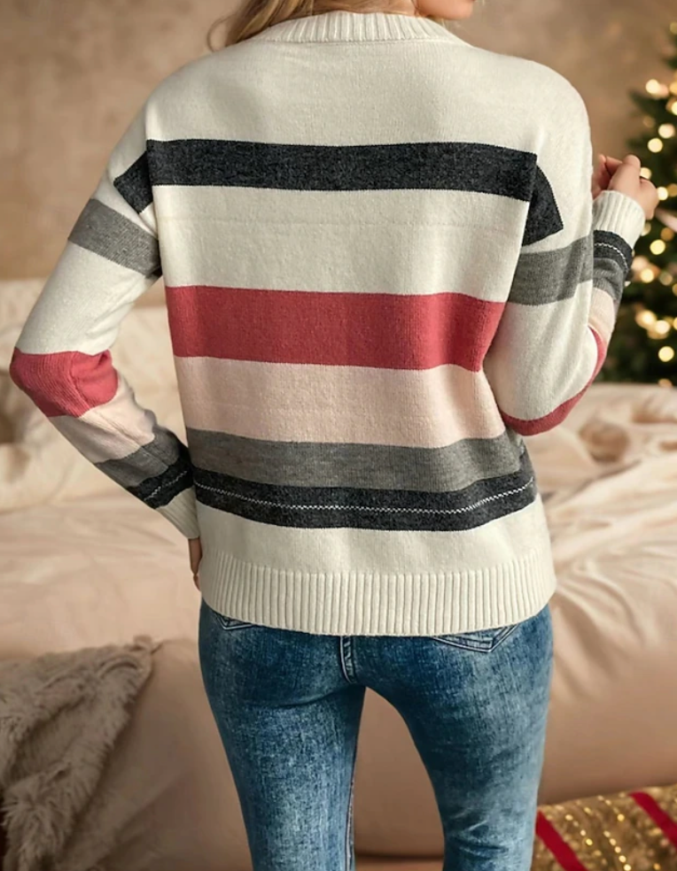 Soft Striped Ribbed Knit Crew Neck Sweater - Medium