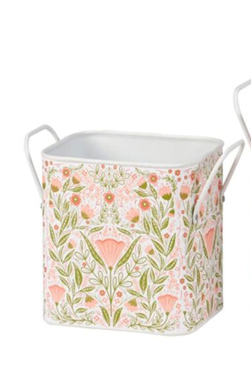 Botanical Folk Art Metal Storage Bin Small 7.25" x 6.25" x 4.75"