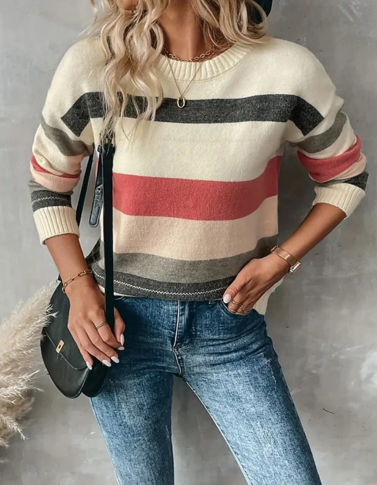 Soft Striped Ribbed Knit Crew Neck Sweater - Large