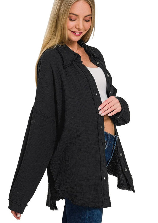 Double Gauze Oversized Raw Edge Button-Up Shirt - Black Large