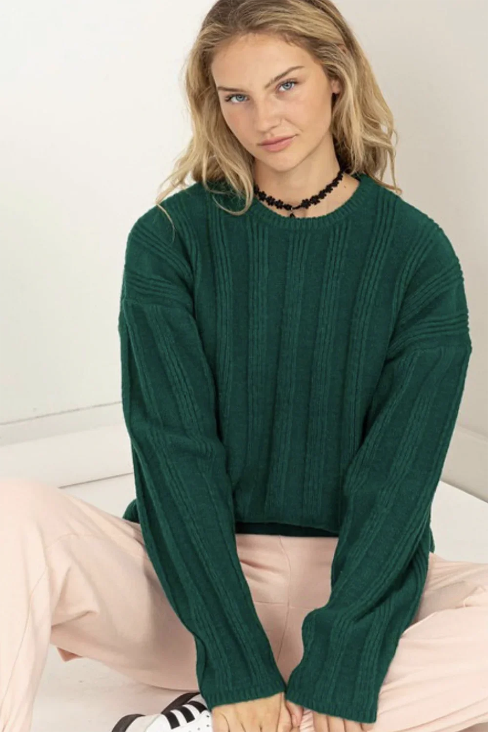 Wide Ribbed Round Neck Soft Long Sleeve Cozy Sweater - Large