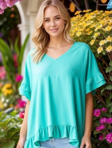 Short sleeve ruffle blouse Turquoise - Small