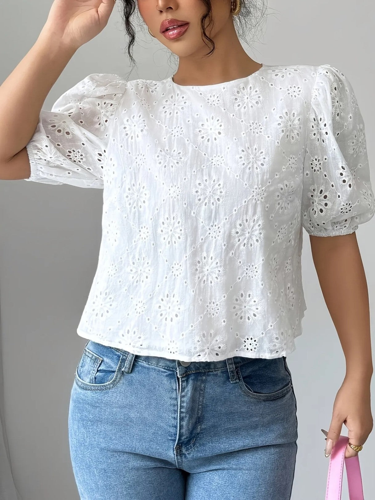 Puff Sleeve Tie-Back Blouse Top - White - Large
