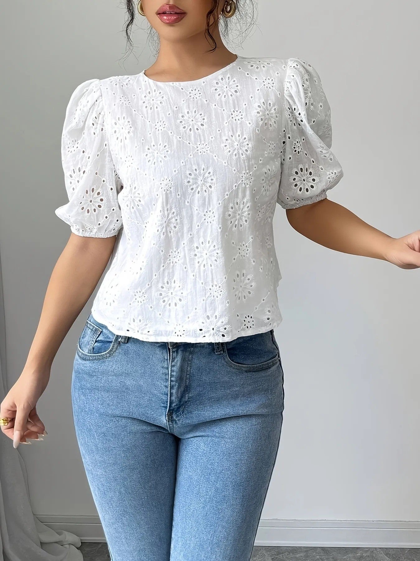 Puff Sleeve Tie-Back Blouse Top - White - Medium