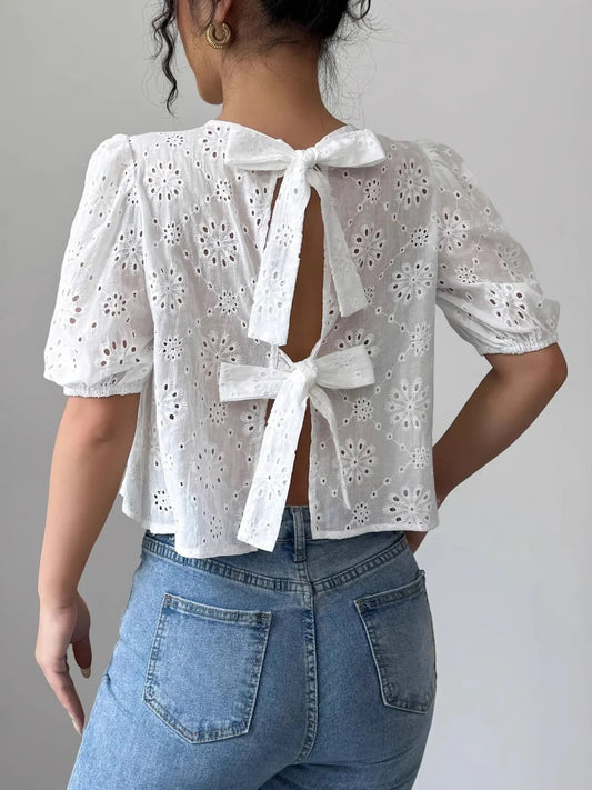 Puff Sleeve Tie-Back Blouse Top - White - Extra Large