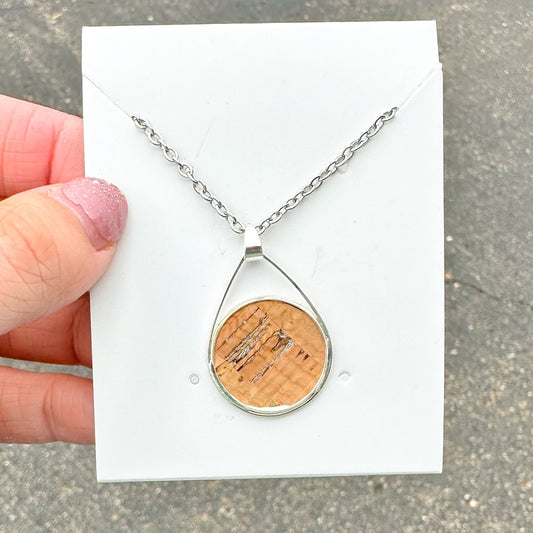 Cork & Silver Teardrop Pendant  - 18” Silver Necklace (00L086)
