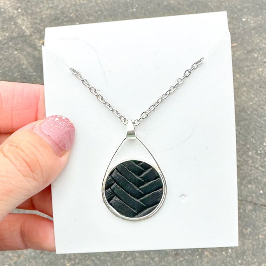 Black Braided Teardrop Pendant  - 18" Silver Necklace (00L06W)