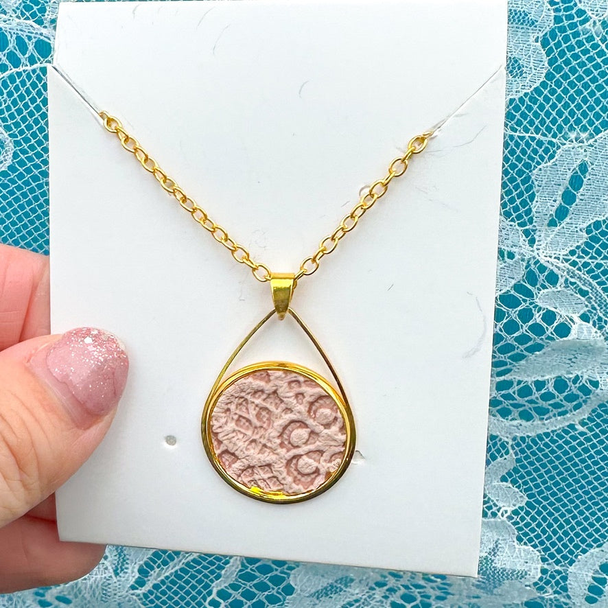 Blush Pink Butter Lace Teardrop Pendant  - 18" Gold Necklace (00L04O)