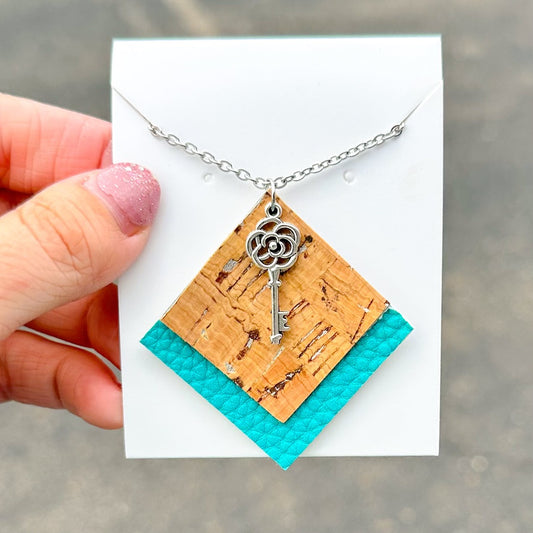Turquoise & Silver Cork key charm diamond pendant  - 30” Silver Necklace (00L09A) 