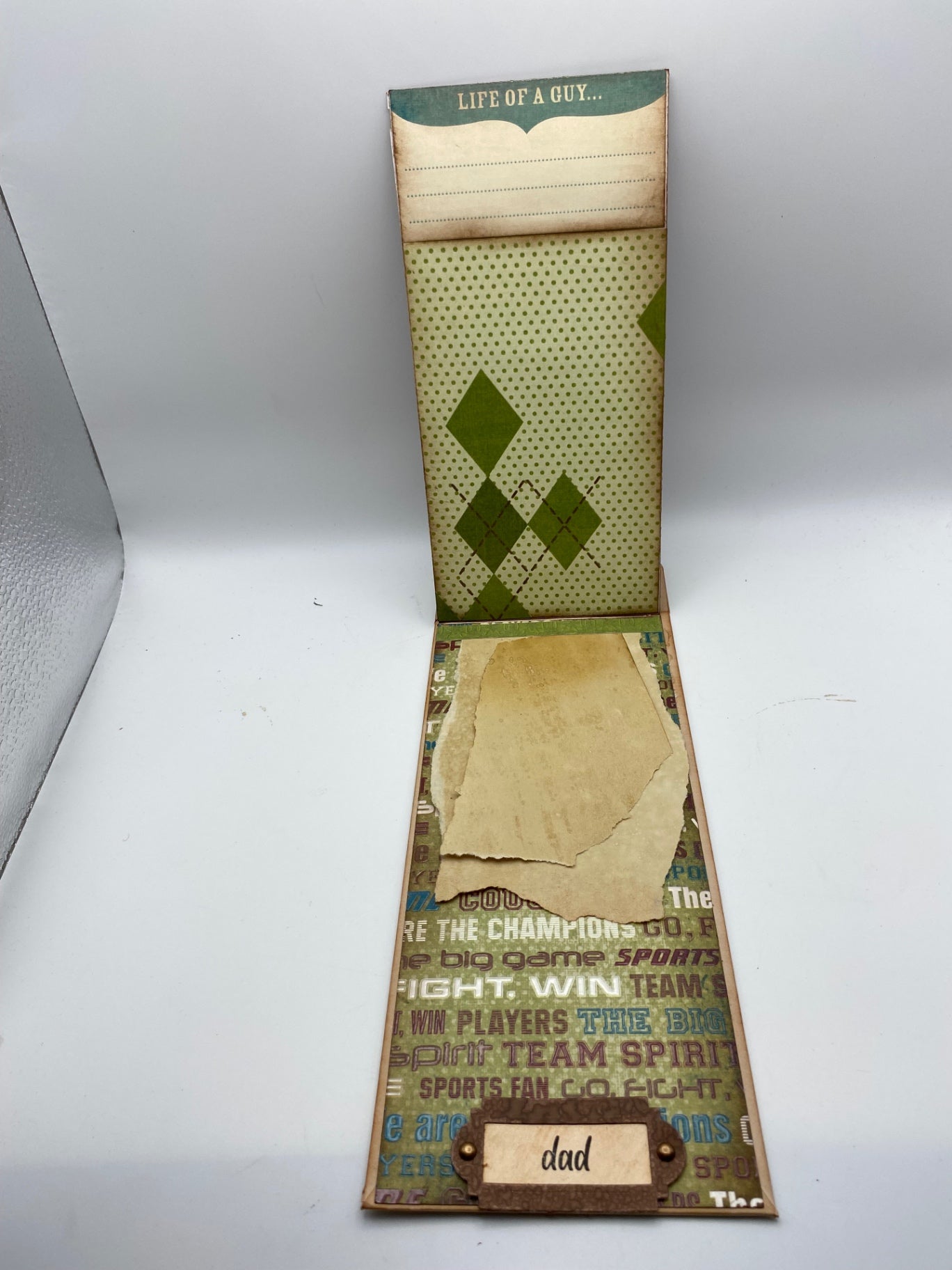 Handmade Interactive Envelope Fathers Day Card - Beige and Green - 8.5" x 4"