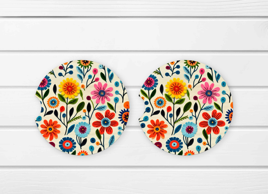 Ceramic Car Coaster Set - (E1D) Floral