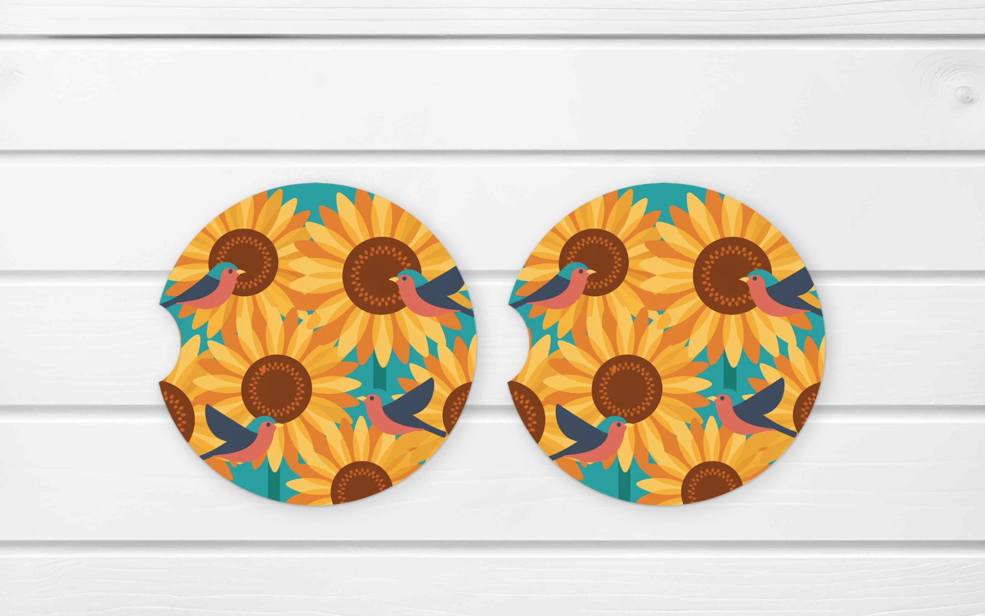 Ceramic Car Coaster Set - (E52D) Sunflower Turquoise