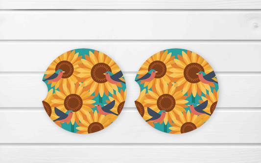 Ceramic Car Coaster Set - (E52D) Sunflower Turquoise