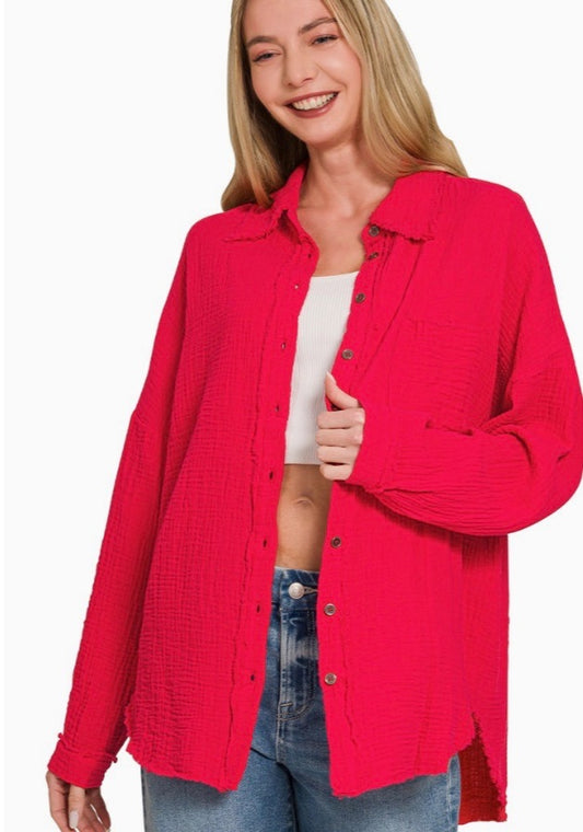 Double gauze oversized raw edge Button Down - Red - Small