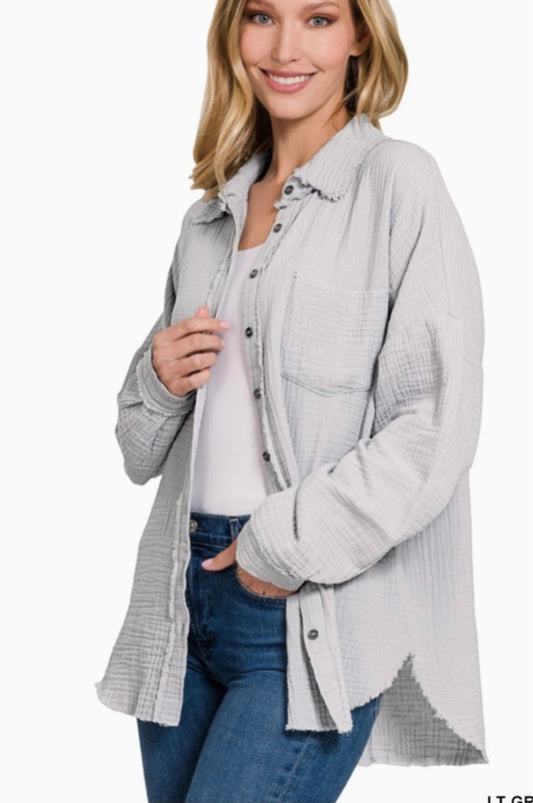 Double gauze oversized raw edge Button Down - Light Gray - Extra large