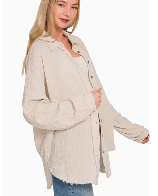 Double gauze oversized raw edge Button Down - Beige - Extra large