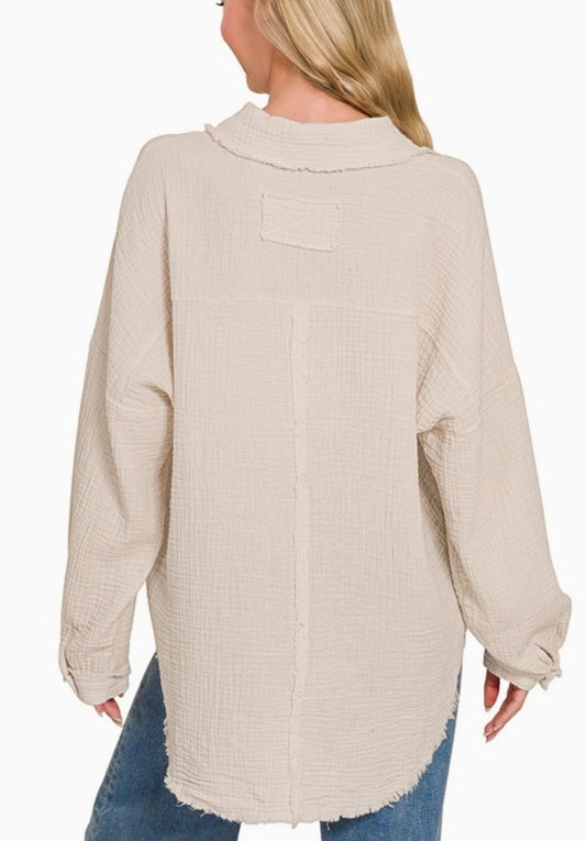 Double gauze oversized raw edge Button Down - Beige - Small