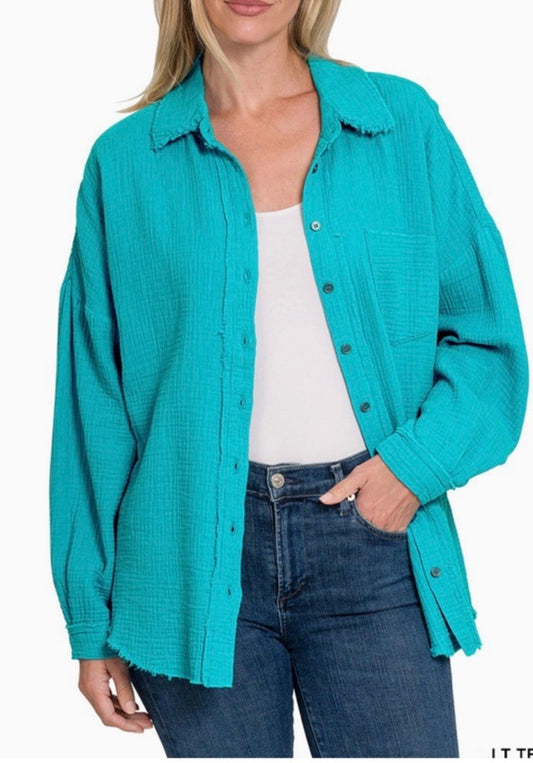 Double Gauze oversized raw edge Button Down - Turquoise - L