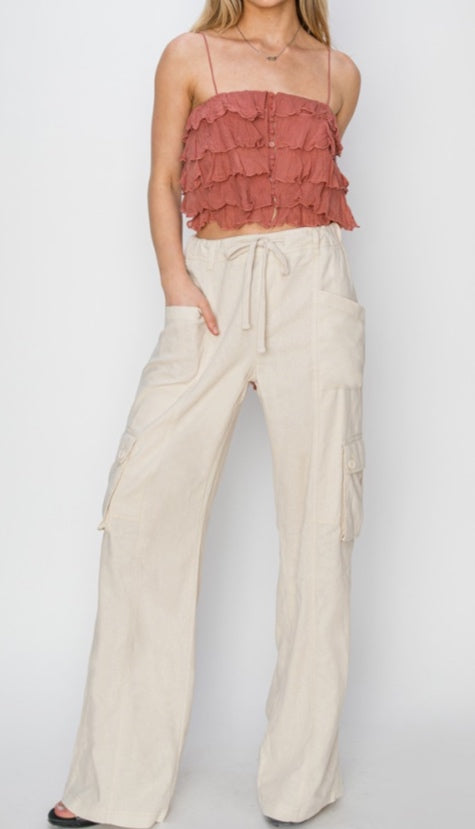 High rise Linen cargo Risen Pants - Beige - Small