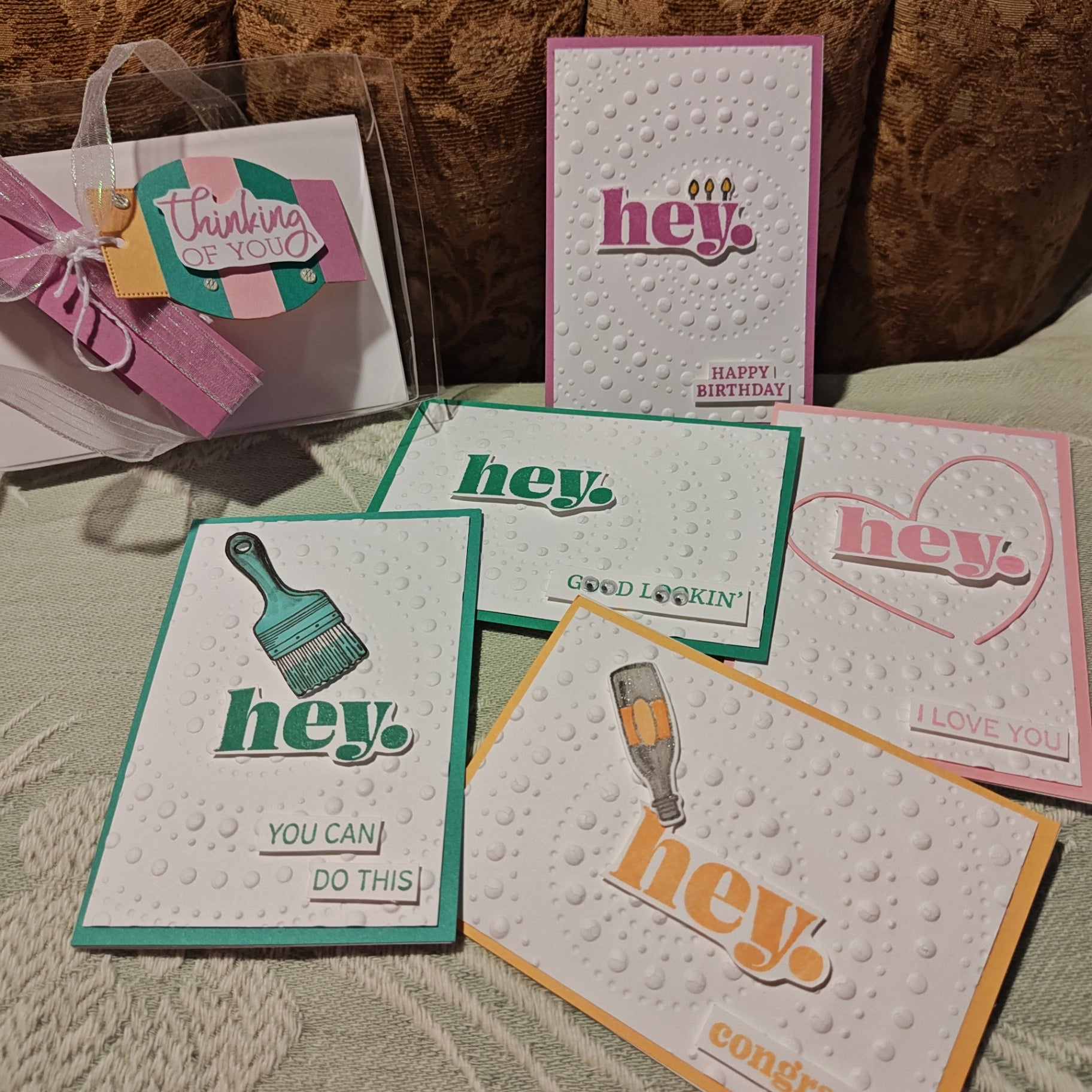 Handmade Card Set - White, Pink, Green, Orange - 5"x3.5"