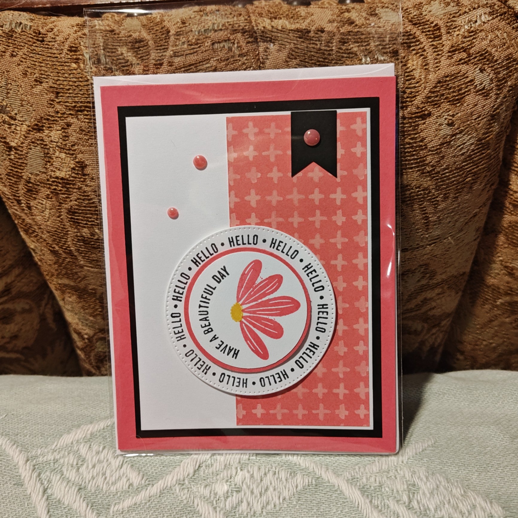 Handmade Greeting Card - Pink, White, Black, Yellow - Standard
