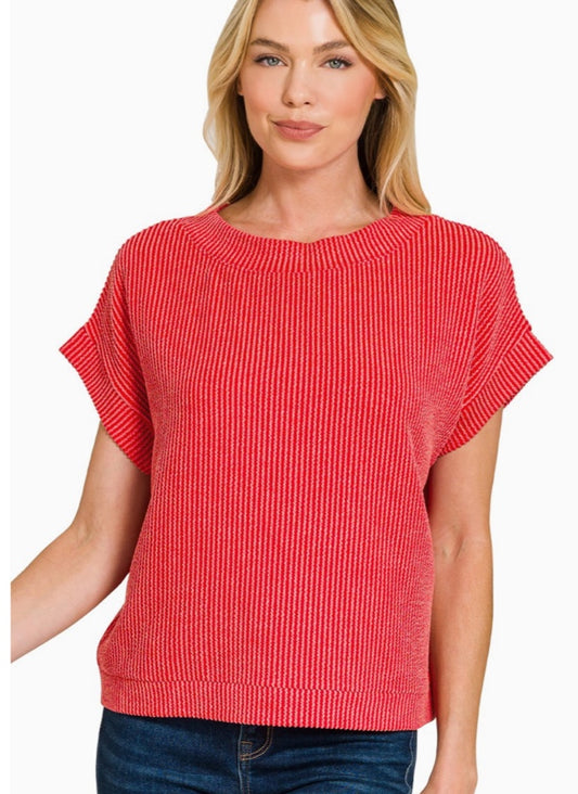 Rib cap sleeve Zenana Top - Red - Large