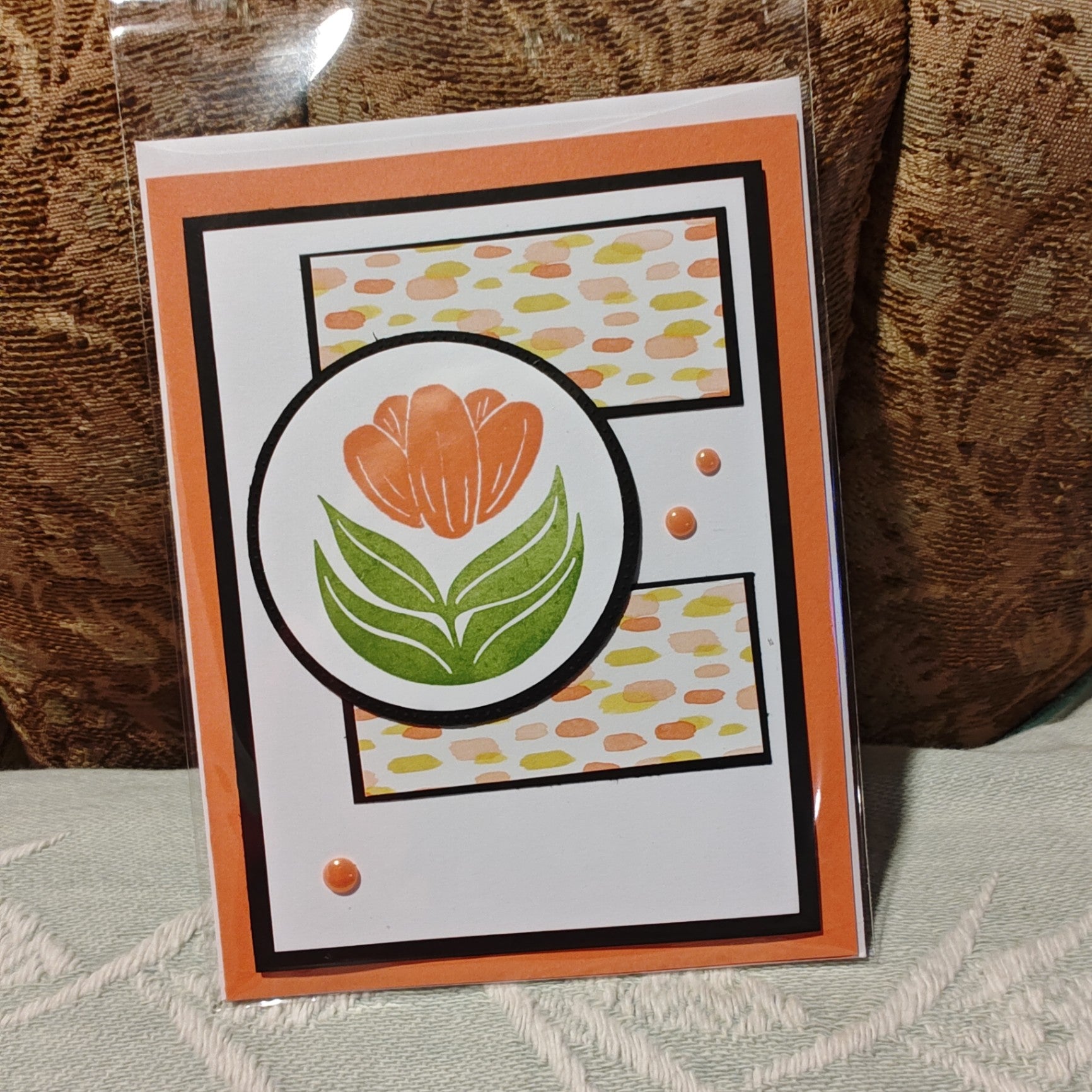 Handmade Greeting Card - Orange, White, Green, Black - Standard card size