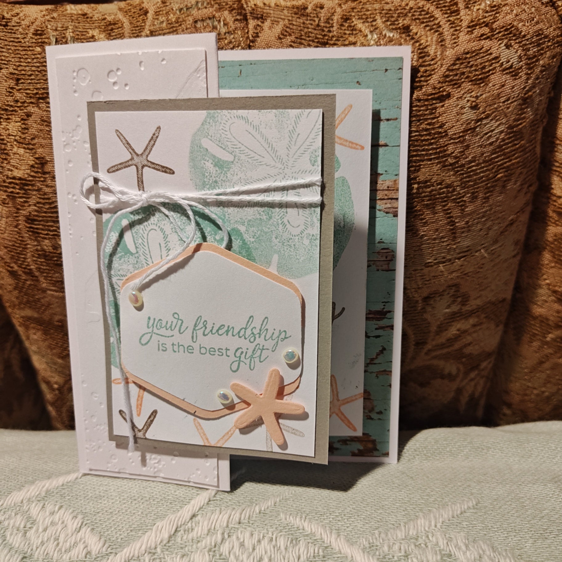Handmade Greeting Card - White, Mint, Beige, Peach - Tri Fold
