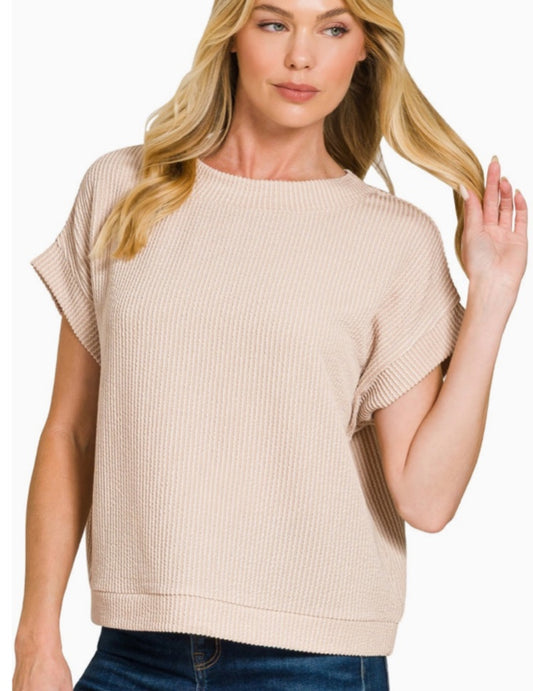 Rib cap sleeve Zenana Sweater - Beige - Small