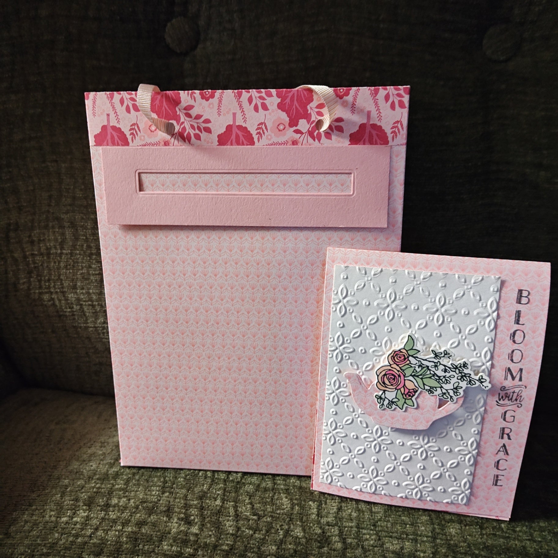 Handmade Gift Bag with Card - Pink - 8"x6"x3"