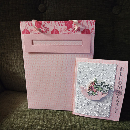 Handmade Gift Bag with Card - Pink - 8"x6"x3"