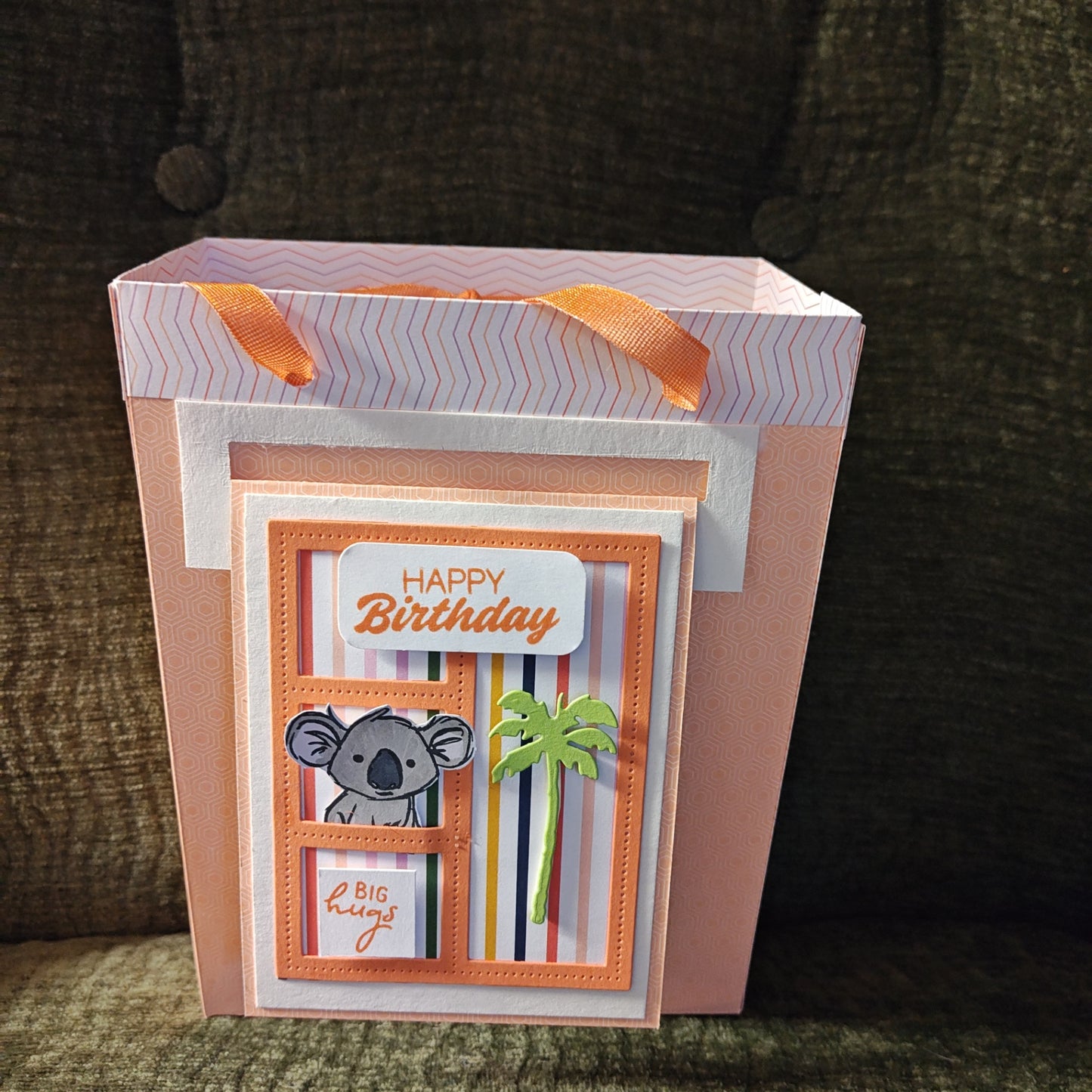 Handmade Gift Bag with Card - Pink/Orange - 8"x6"x3"