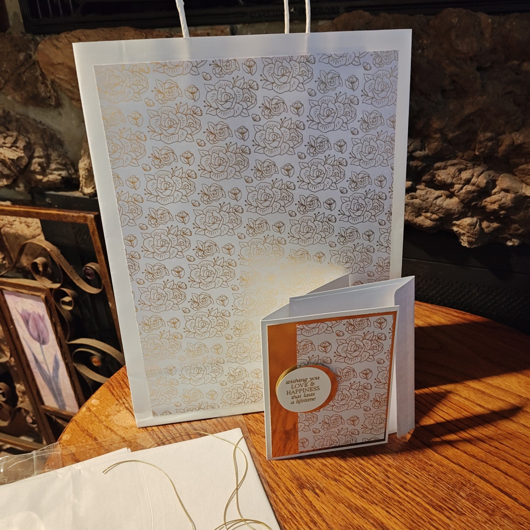 Handmade Gift Bag with Card - White and Gold - 13"x10"x4.5"