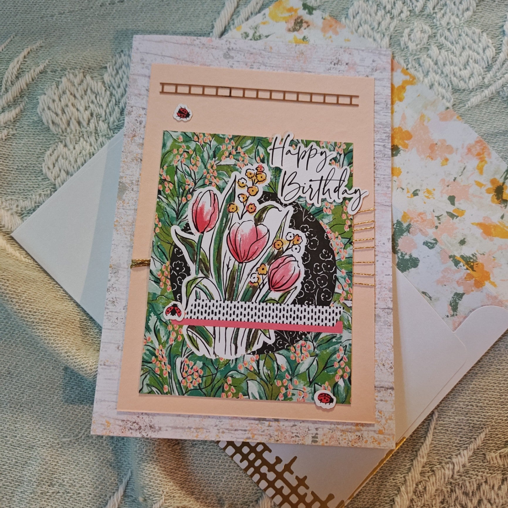 Handmade Greeting Card - Multiple colors (mainly pink, green, black, white) - Standard