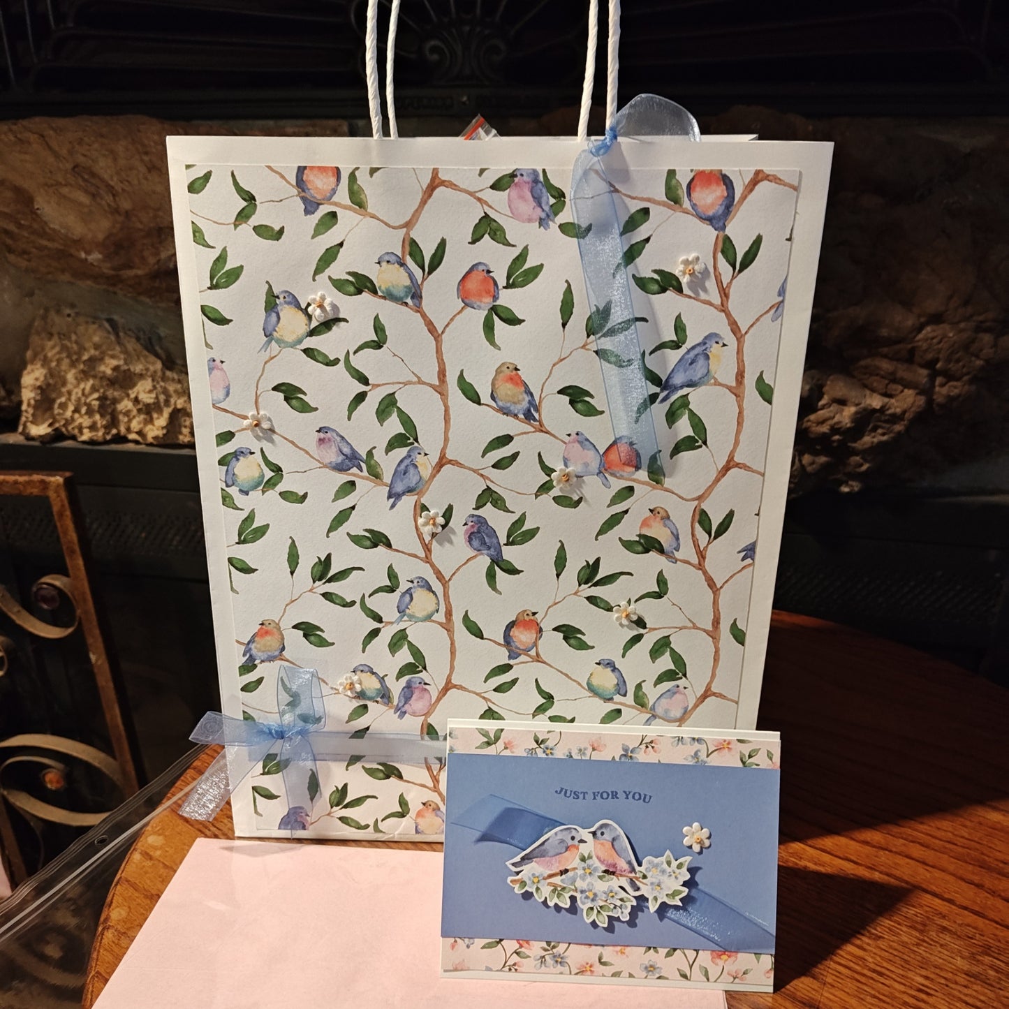 Handmade Gift Bag with Card - Birds with blue and pink - 13"x10"x4.5"